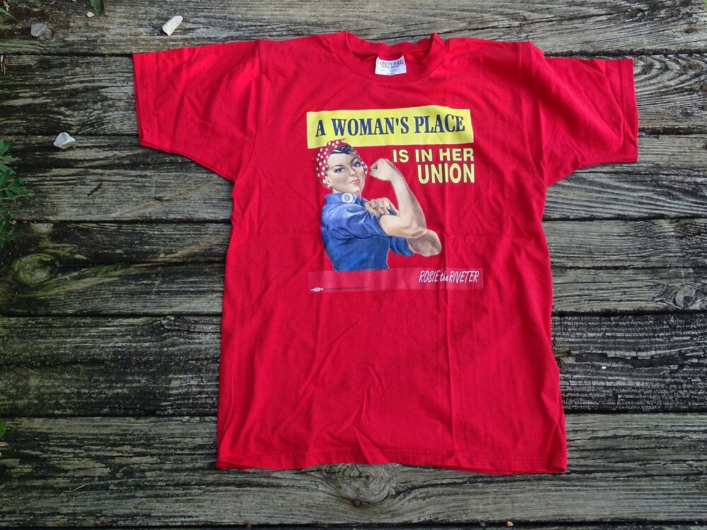 Vtg UNITE HERE Union Shirt S Red Lifewear Made In USA Rosie Riveter Womans Place